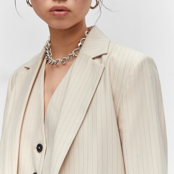 NWT MNG Mango Pinstripe Long Sleeve Single-Breasted Suit Blazer in Beige size L - Picture 5 of 16